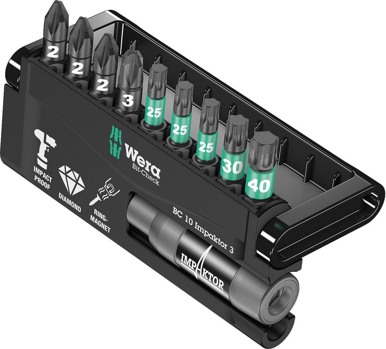 Bit-nastavek, 10-delni komplet Wera 8755/67-9/IDC Impaktor Bit-Check 05057683001 križni Pozidriv, notranji TORX Impaktor-tehnologija