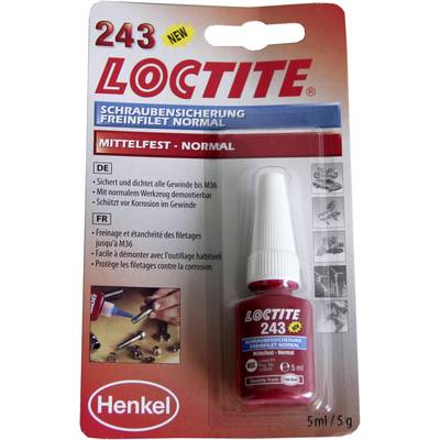 Embalaža sredstva za zavarovanje vijakov 'Loctite 243'. Srednje trdno, 5 ml steklenica. Proizvajalec: Henkel. Primerno za navoje do M36.