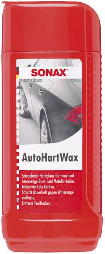 Rdeča steklenica Sonax AutoHardWax. Vsebuje vosek za avtomobile, ščiti in intenzivira barve, odstranjuje asfaltne madeže.