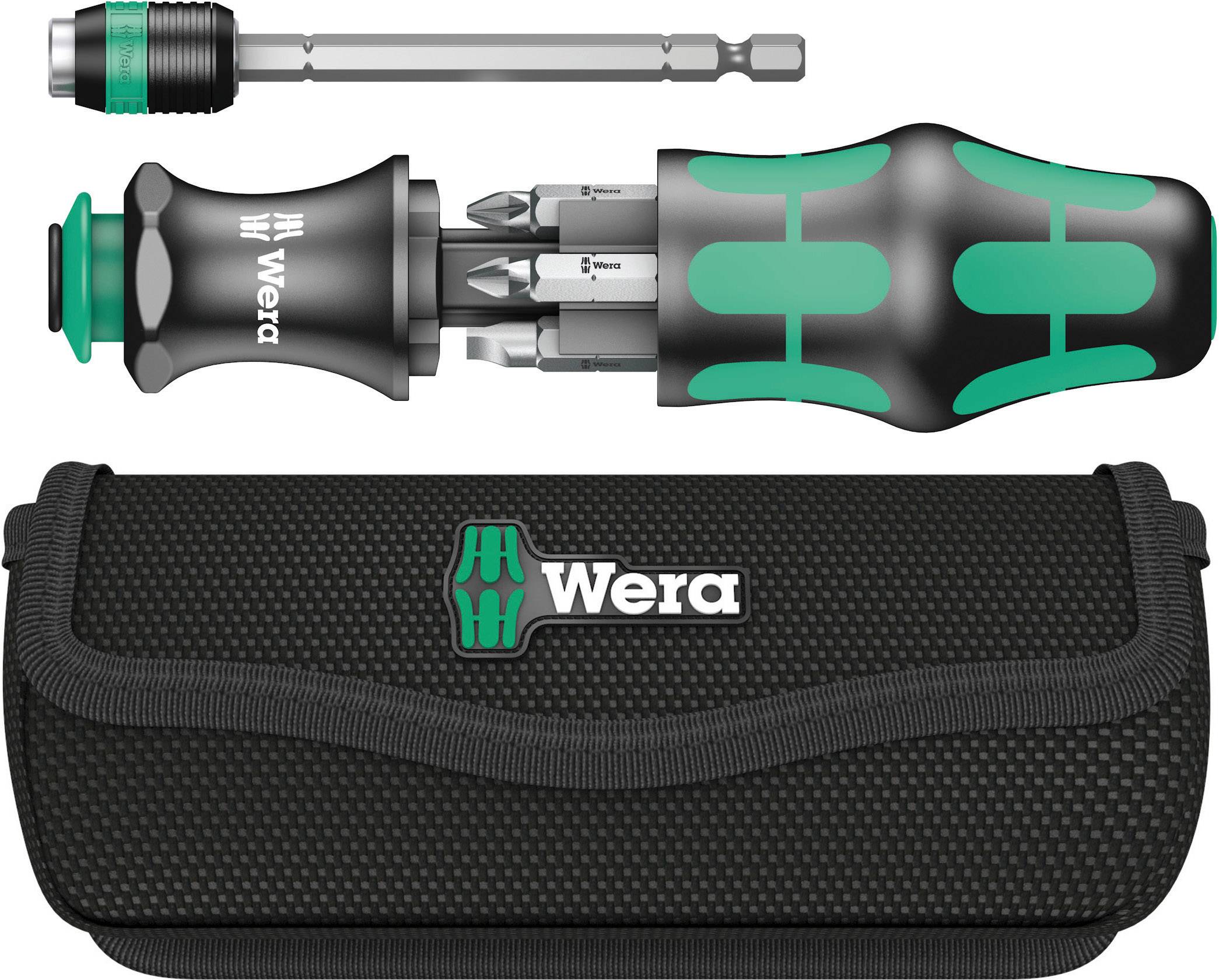 Komplet Wera Kraftform Kompakt 20 z izvijačem in nastavki, v črni torbi. Ergonomski ročaj, zeleno-črn dizajn.