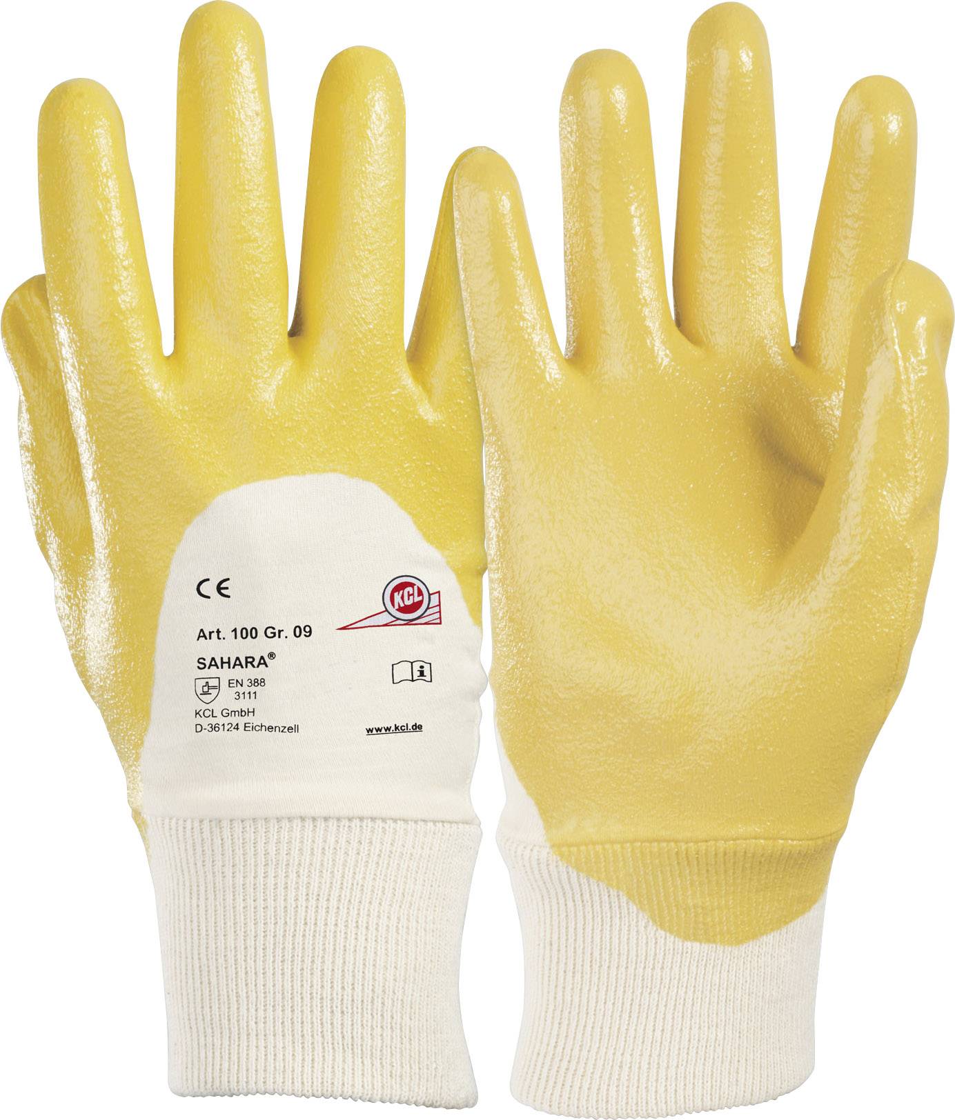 Dva rumena zaščitna gumijasta rokavica z belimi manžetami. Eden prikazuje notranjo stran dlani, drugi zunanjo stran z informacijami o izdelku.