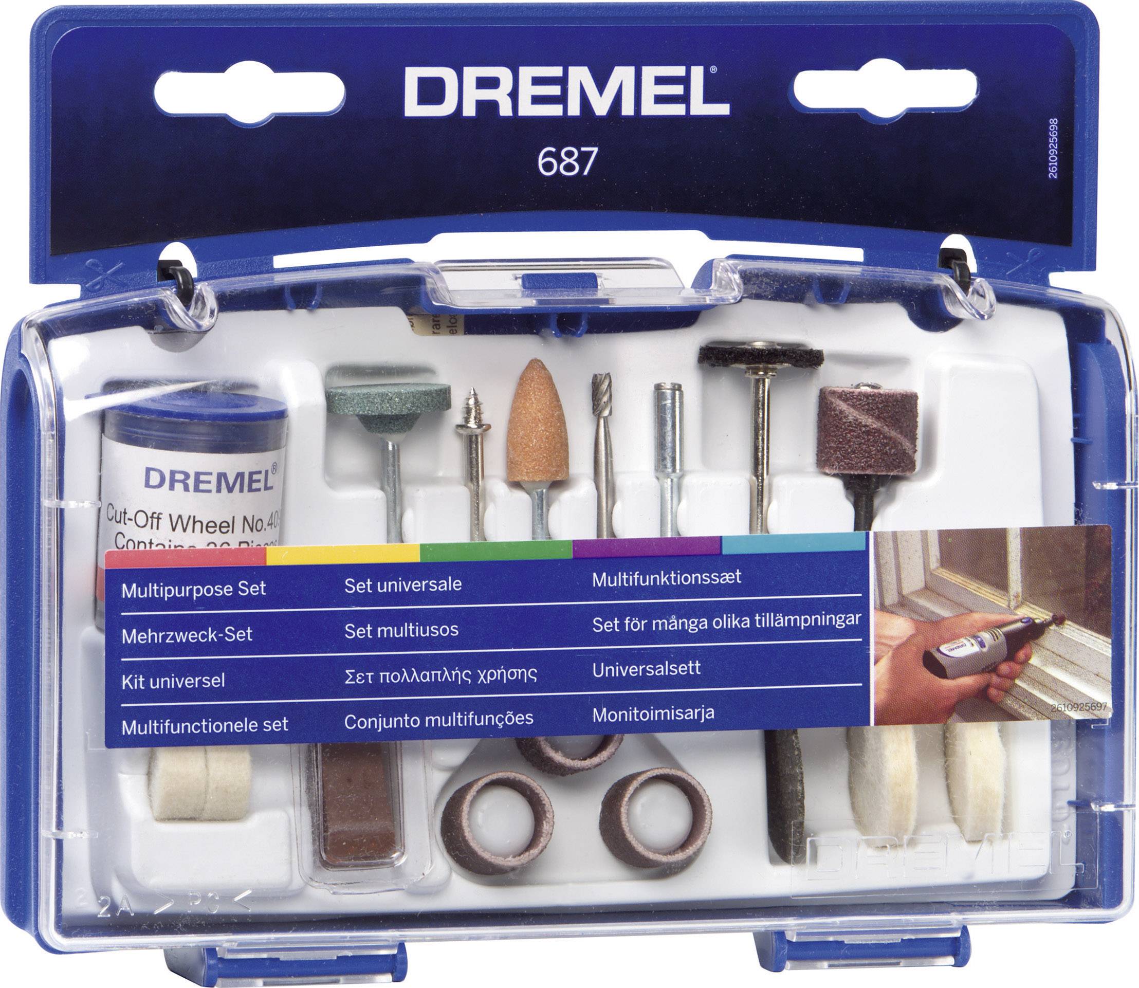 Dremel večnamenski set 687 z različnimi brusi in polirnimi nastavki v prozorni plastični škatli.