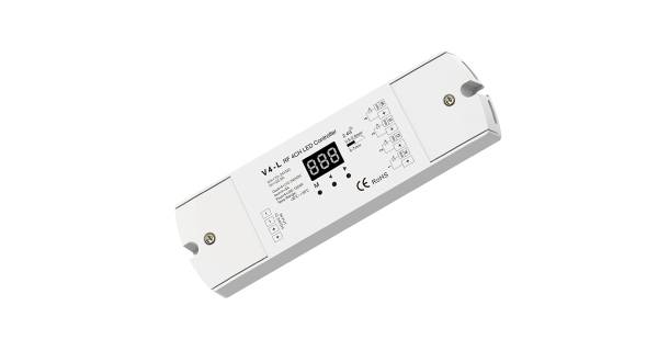 Bel LED-krmilnik z digitalno prikazovalno enoto in tipkami za uravnavanje svetlosti. Vidni so znak CE in informacije o izdelku.