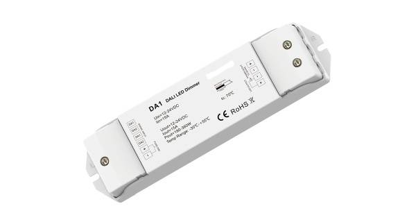 DALI-LED-zatemnilnik s tehničnim ohišjem, model 'DA1', prikazuje priključne sponke in oznake 'MP 04/22', 'DALI', 'AC 100-240V'.