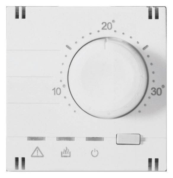 Termostat z vrtljivim regulatorjem prikazuje temperature od 10 do 30 stopinj Celzija. Simboli spodaj: opozorilo, gretje, električna energija.
