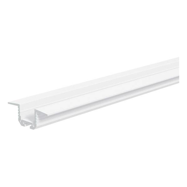 Belo aluminijasto U-profil, prikazano s strani, se uporablja za pritrditev LED-trakov v linearni namestitvi.