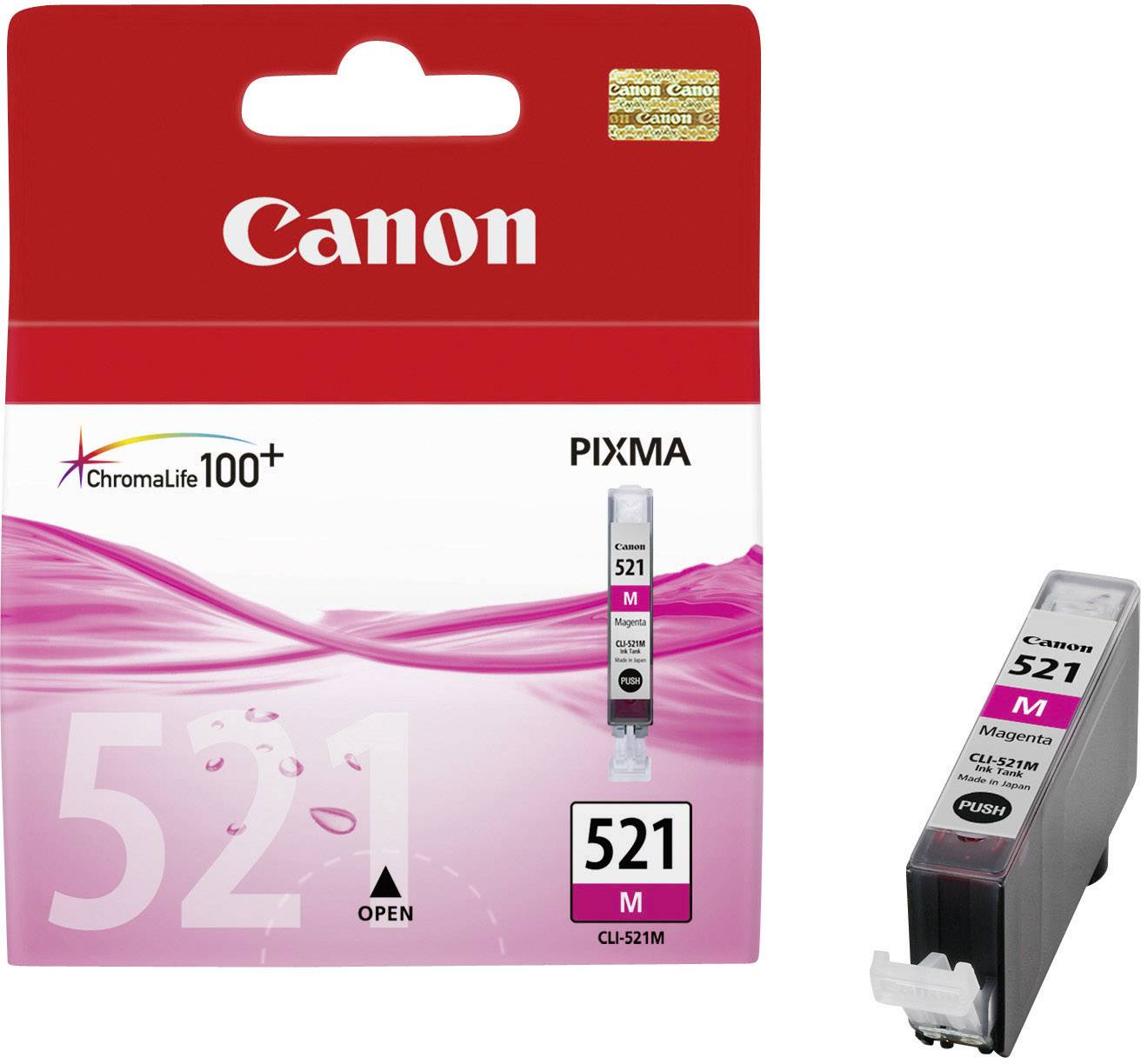 Črnilni vložek Canon CL-521M za tiskalnike. Embalaža prikazuje logotip ChromaLife100+. Magenta barva za tiskalnike PIXMA.