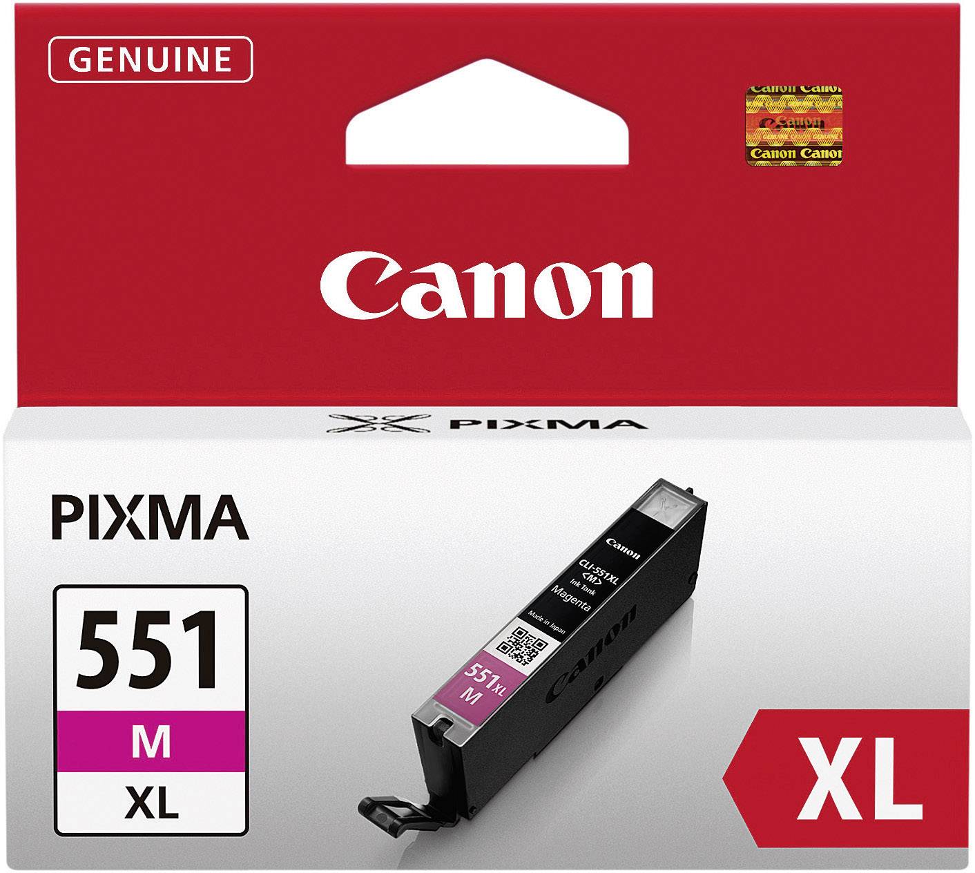 Karton Canon PIXMA tiskalne kartuše 551 M XL v magenti. Zgoraj logotip Canon. Embalaža prikazuje črnilno kartušo in podrobnosti izdelka.