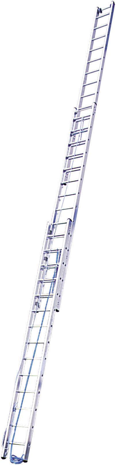 Dolga, srebrna aluminijasta večnamenska lestev, izvlečena do maksimalne višine. Primerna za dela na velikih višinah.