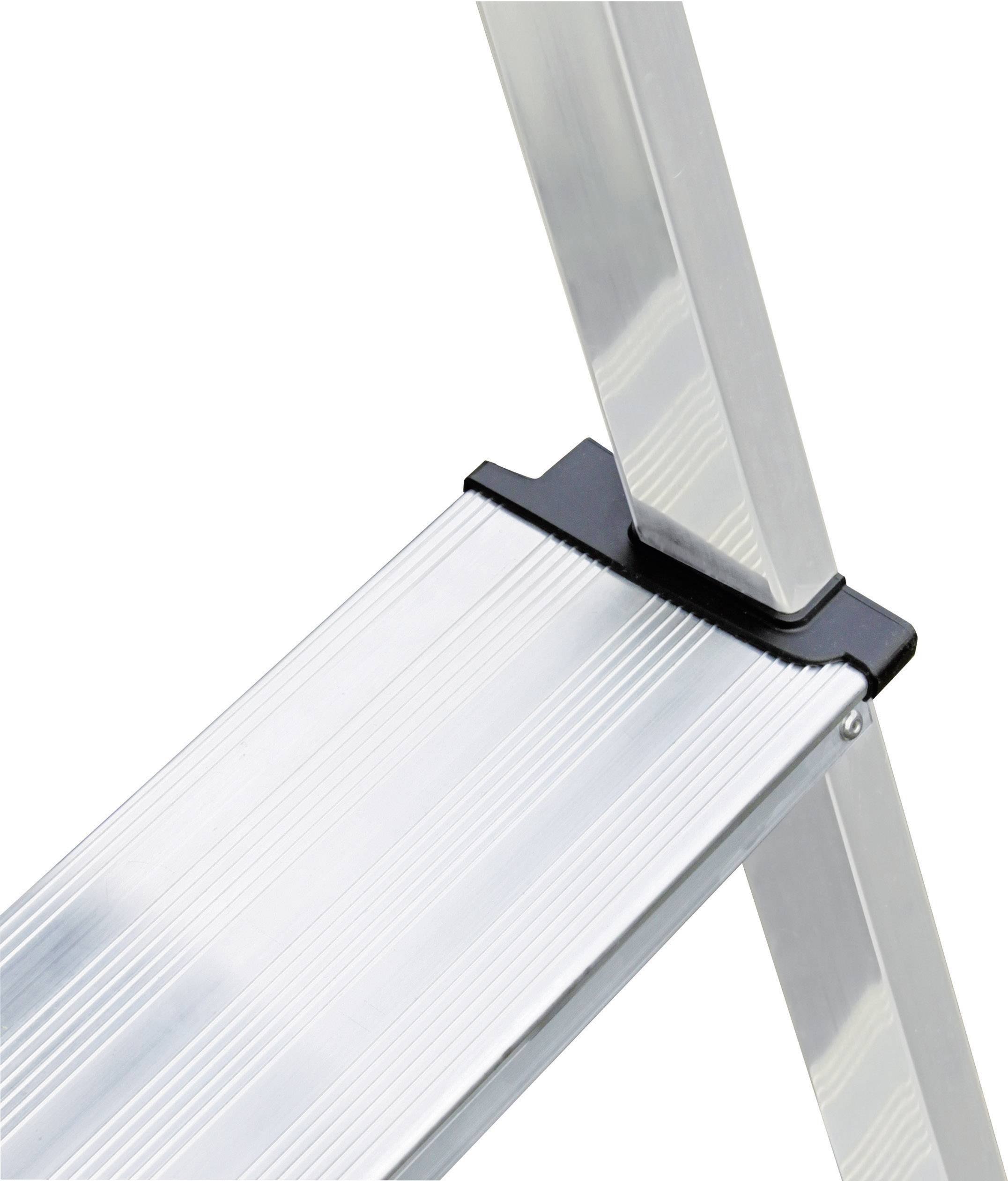 Aluminijasta lestev s približnim prikazom ene od stopnic, ki prikazuje stabilnost in robustno zgradbo.