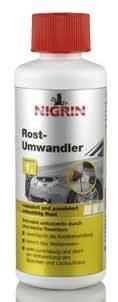 Steklenica Nigrin pretvornika rje, namenjen posebej za odstranjevanje in zaščito rje na kovinskih površinah.