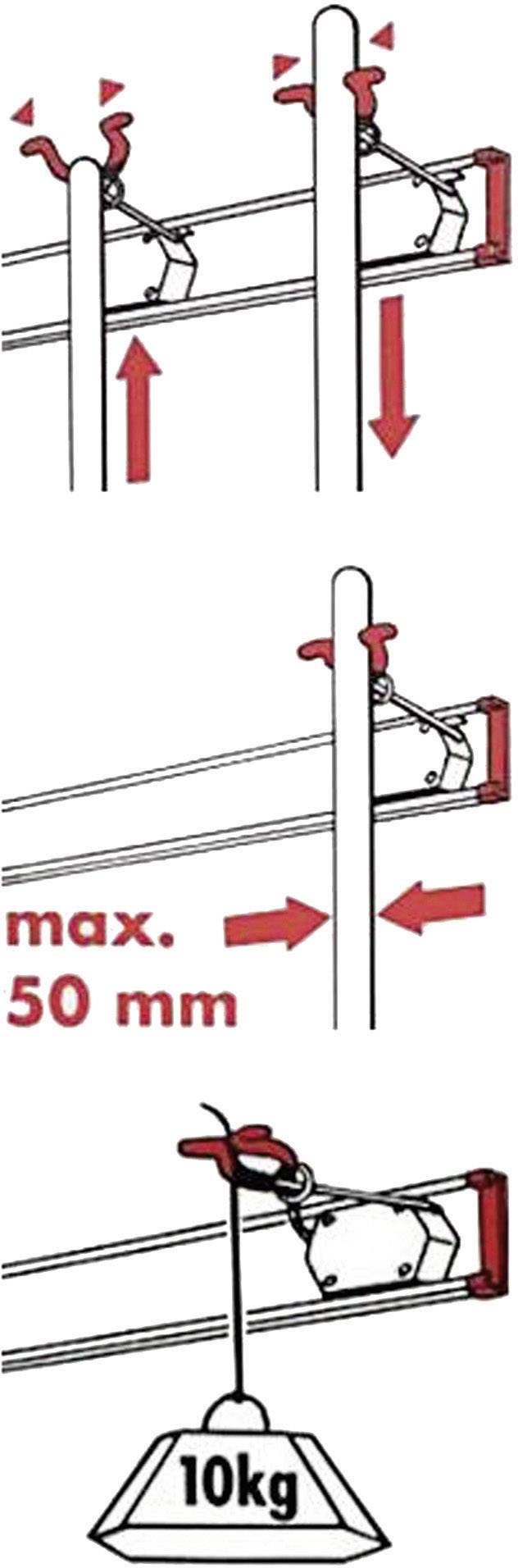 Tri ilustracije prikazujejo montažo objekta na drog. Maksimalna razdalja 50 mm. Objekt nosi težo 10 kg.