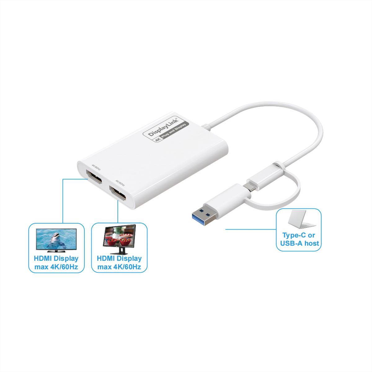 Roline USB-adapter USB 3.2 gen.1 HDMI-A vtičnica, USB-C®, USB-A vtič 0.18 m bela 4K UHD 12.03.3206-1
