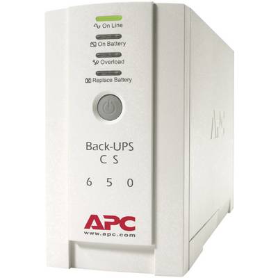 Neprekinjeno napajanje, model APC Back-UPS CS 650, prikaz statusnih lučk za delovanje, baterijo, preobremenitev, zamenjavo baterije.