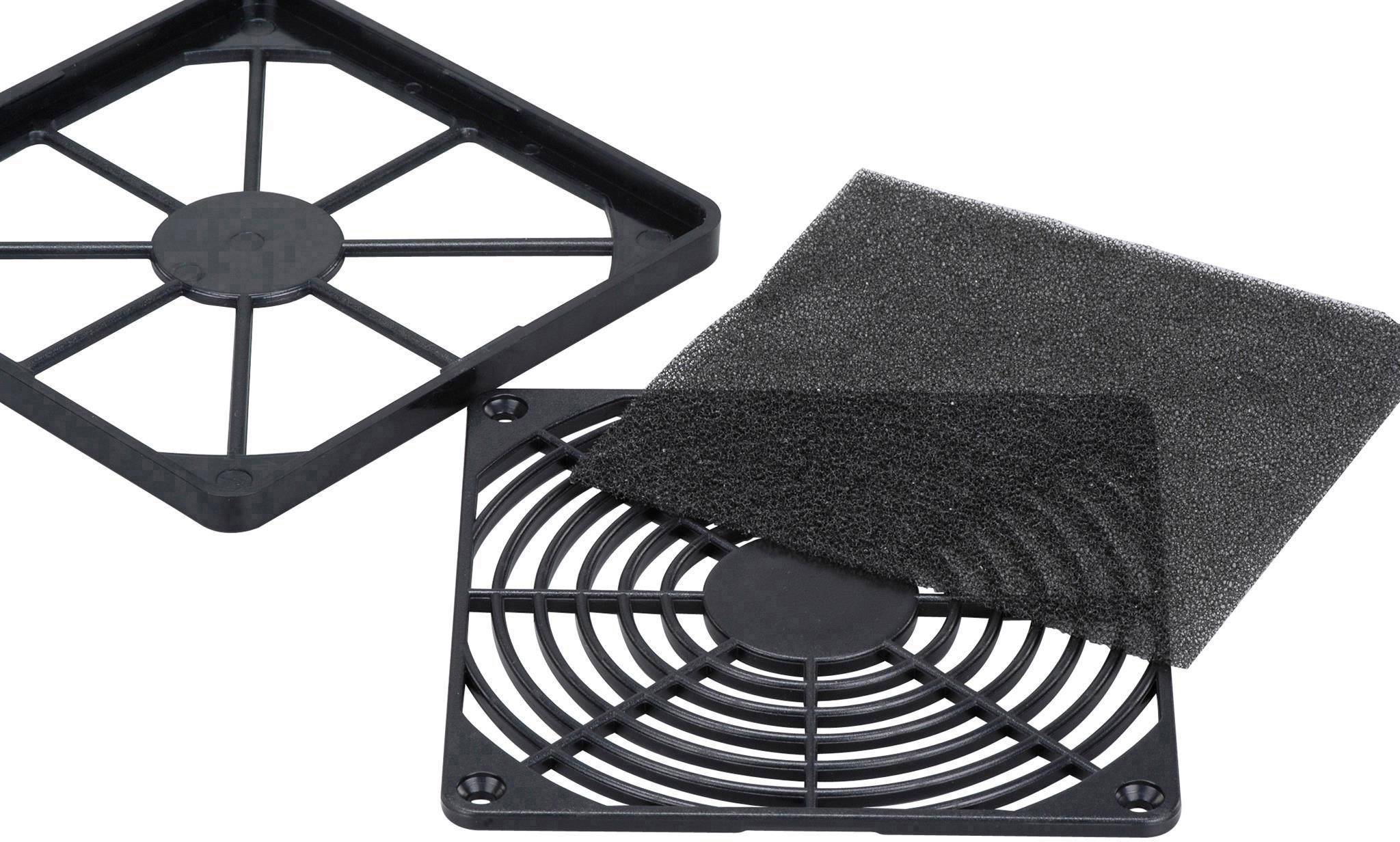 Komplet ventilatorja, ki sestoji iz črne mreže, okvirja in pravokotnega penastega filtra, namenjen filtriranju prahu.