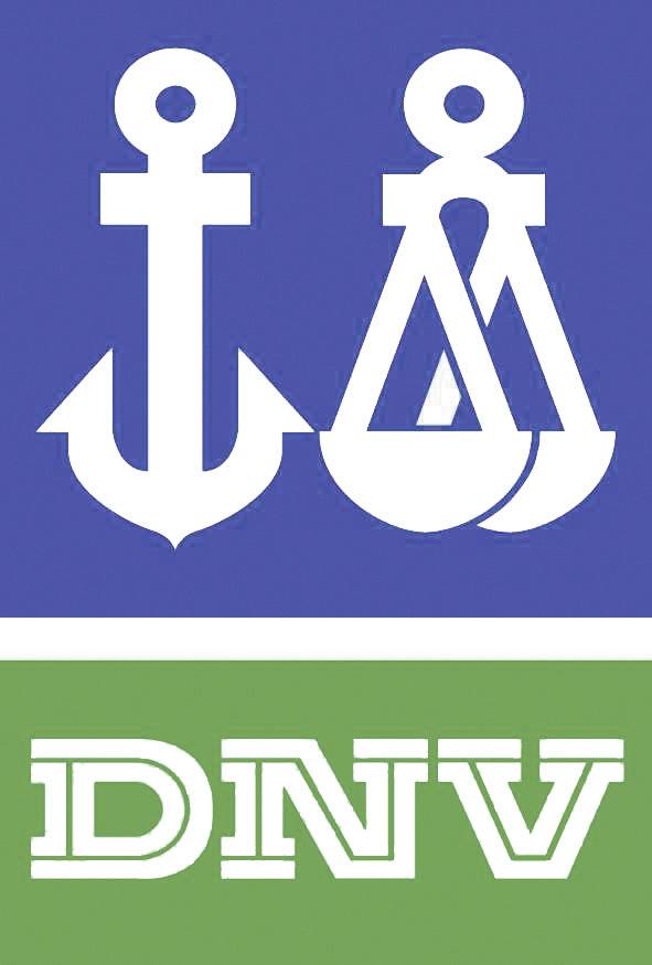Logotip z belim sidrom in tehtnico na modrem ozadju, pod njima napis 'DNV' v beli barvi na zelenem ozadju.