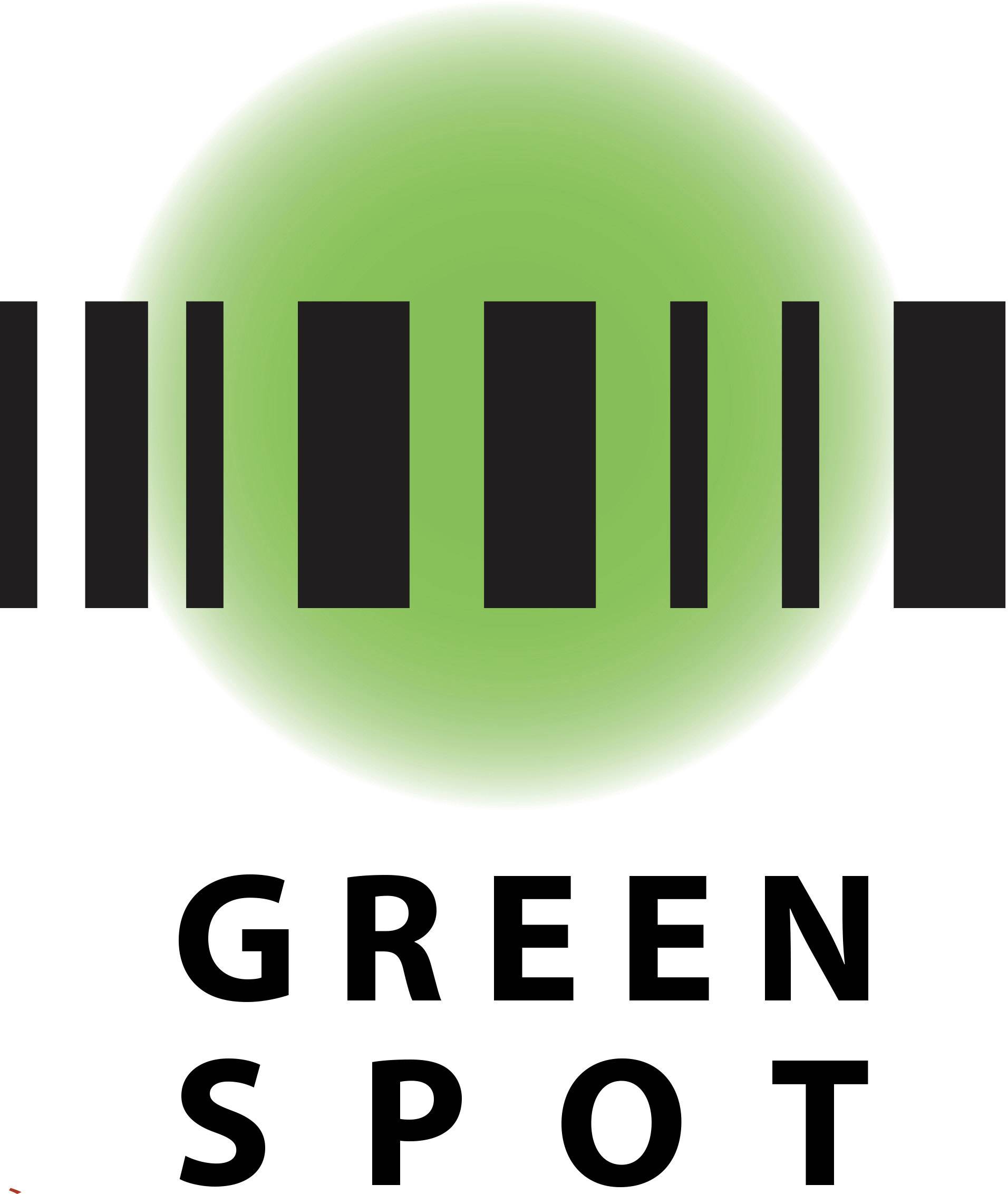 Zeleni krog s črno črtno kodo in besedami 'Green Spot' pod njo.