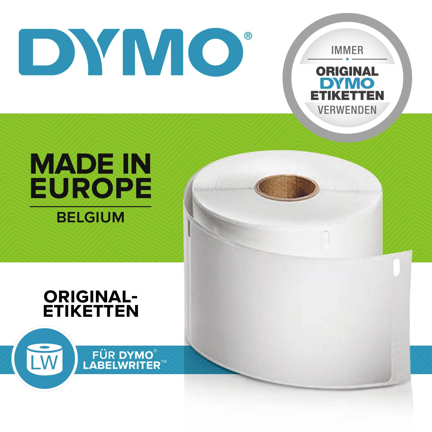 Nalepke DYMO 'Narejeno v Evropi, Belgija', z opozorilom 'Vedno uporabljajte originalne DYMO nalepke'.