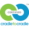 Logotip z dvema prepletenimi krogi, enem vijoličnem in enem oranžnem, s podnapisi 'Certificirano od zibelke do zibelke' spodaj.