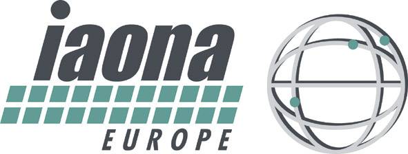 Logotip 'IAONA Evropa' s tekstom in stiliziranim zemeljskim globalnim modelom z mrežasto strukturo, ki simbolizira povezovanje v Evropi.