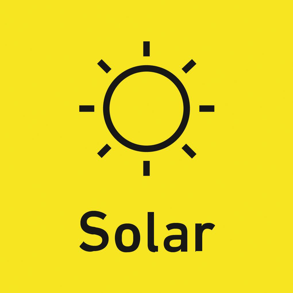 Simbol sonca z besedo 'Solar' na rumeni podlagi. Prikaz sončne energije.