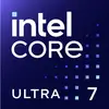 Logotip 'Intel Core Ultra 7' na temno modri podlagi z modrimi kvadratnimi vzorci.