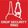 Rdeč znak z belim simbolom varnostnega obroča in besedilom 'Drop Security Ring'. Simbol prikazuje zanko z zaključkom.