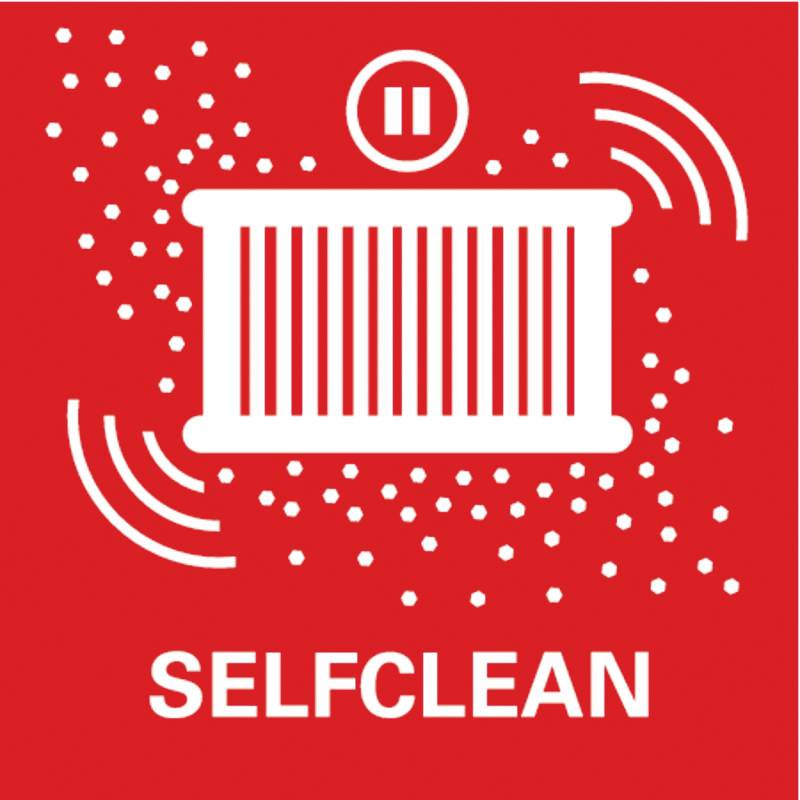 Simbol rotacijskega ventilatorja z valovitimi črtami, simbol funkcije samočiščenja. Besedilo 'SELFCLEAN' spodaj na rdečem ozadju.