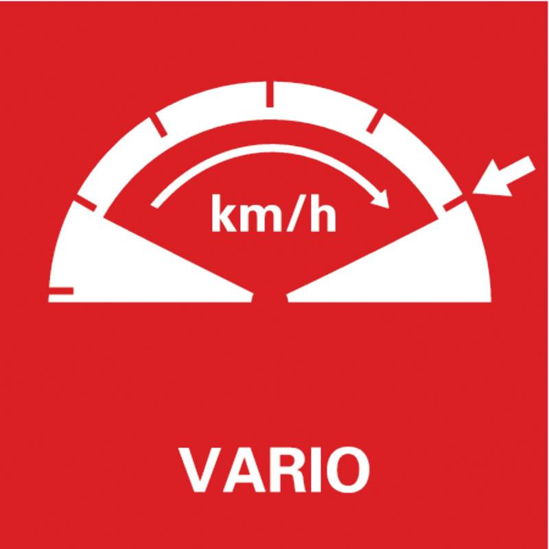 'Vario'-simbol v beli barvi na rdečem ozadju, prikazuje tahometer s puščico in 'km/h'.