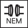 Logotip z dvema stiliziranim magnetoma, ki si stojita nasproti, nad besedilom 'NEM'.