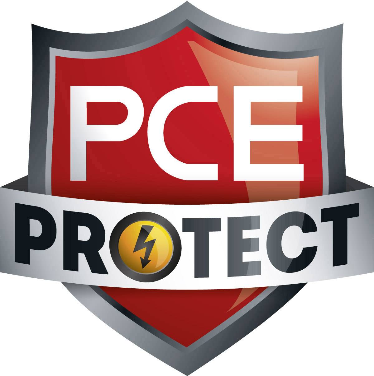 Rdeč logotip znaka z napisom 'PCE' zgoraj in 'PROTECT' spodaj. Simbol strele se nahaja v krogu na sredini.