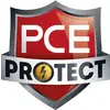 Rdeč logotip znaka z napisom 'PCE' zgoraj in 'PROTECT' spodaj. Simbol strele se nahaja v krogu na sredini.