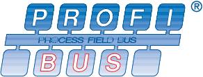Logotip z napisom 'PROFIBUS', kar pomeni 'PROcess FIeld BUS'. Dizajn prikazuje črke na kvadratnih tipkah.