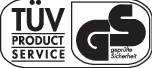 'GS Preizkušena varnost' in logotip 'TÜV Product Service'. Certifikat za preizkušeno varnost izdelka.
