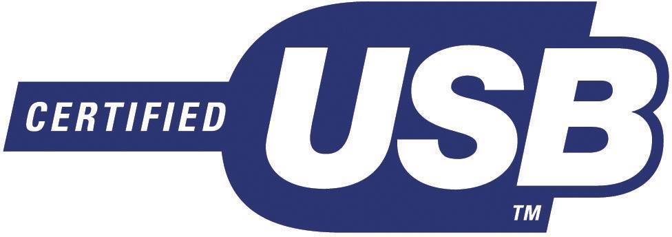 Modro logo z napisom 'Certified USB' v beli barvi; simbolizira uradno USB-potrditev.