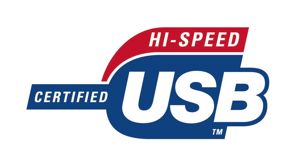 Logotip z besedilom 'Hi-Speed Certified USB', rdeče in modro ozadje. Simbolizira visoko hitrost prenosa podatkov.