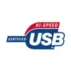 Logotip z besedilom 'Hi-Speed Certified USB', rdeče in modro ozadje. Simbolizira visoko hitrost prenosa podatkov.