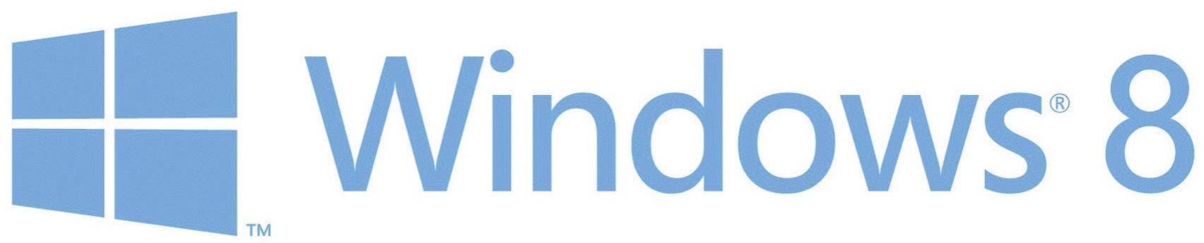 Logotip sistema Windows 8 v modri pisavi s stiliziranim simbolom okna.