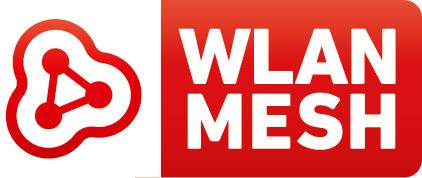 Logotip tehnologije WLAN Mesh, ki ga sestavljata stiliziran simbol omrežja na levi strani in besedilo 'WLAN MESH' v beli barvi na rdečem ozadju desno.