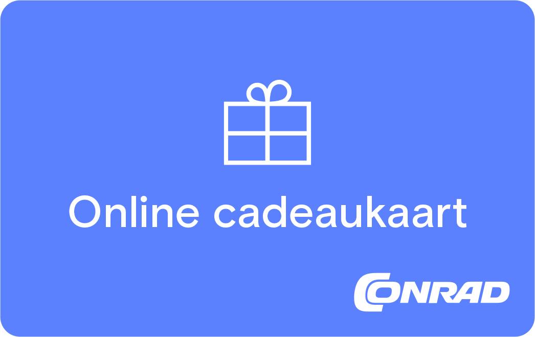 Ett blått kort visar en vit presentssymbol och texten 'Online cadeaukaart'. I hörnet finns Conrad-logotypen.