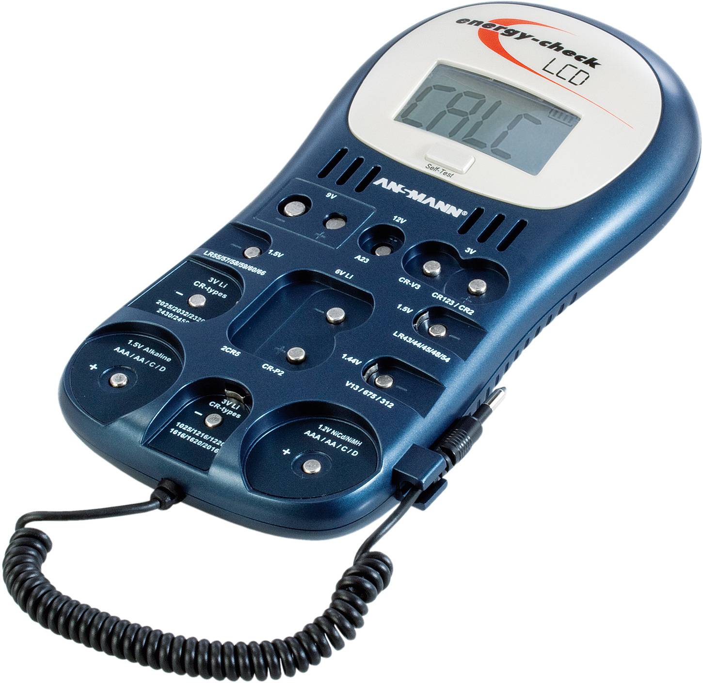 En elektronisk laddare med display visar 'CALC'. Den har flera knappar och funktioner för att styra laddningsprocessen.