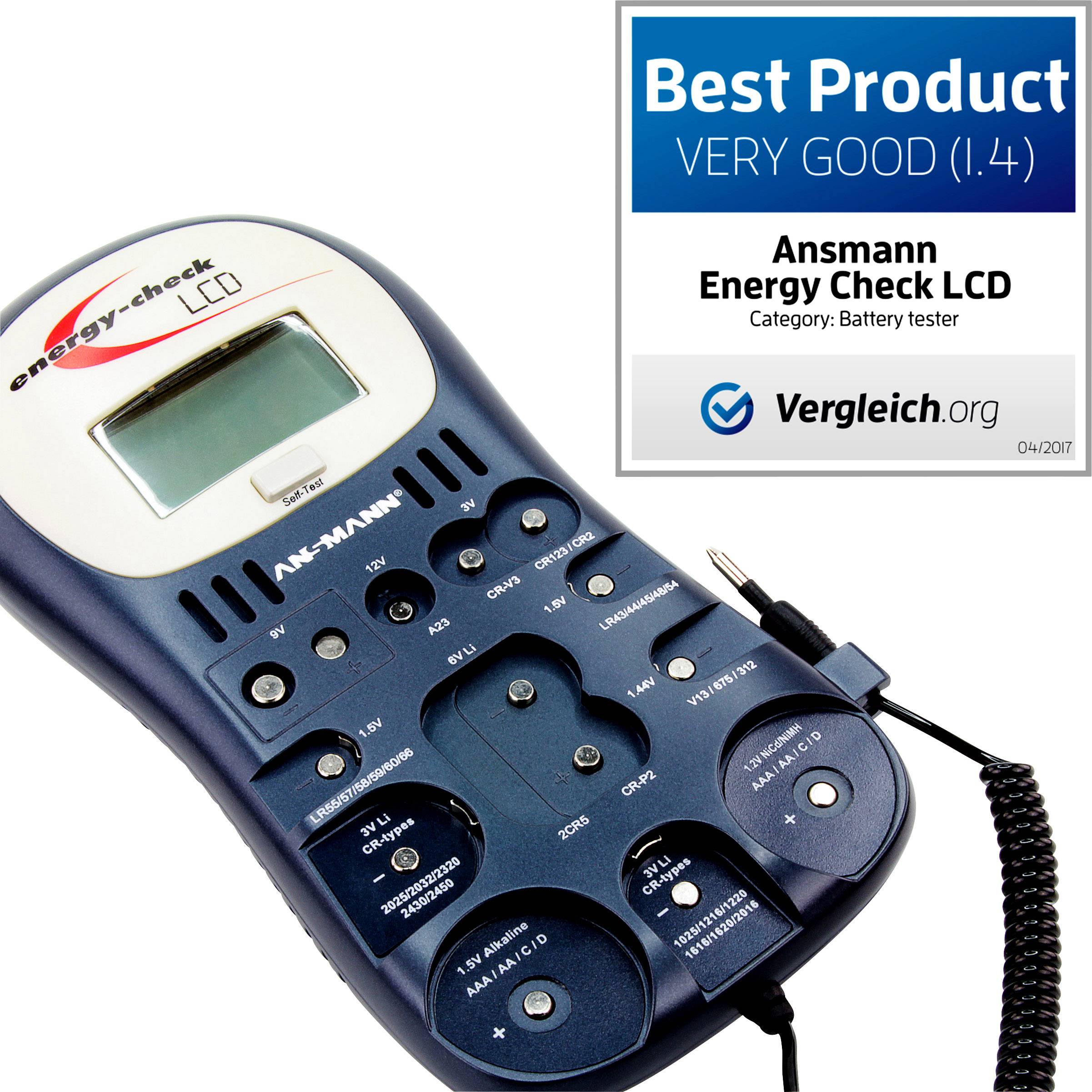Bilden visar Ansmann Energy Check LCD, en batteritestare. I övre högra hörnet finns en utmärkelsesigill med texten 'Best Product'.