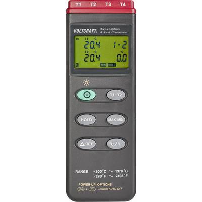 Digitalt 4-kanaligt termometer med display. Visar temperaturer i Celsius från fyra kanaler och har olika funktioner för lagring och visning.
