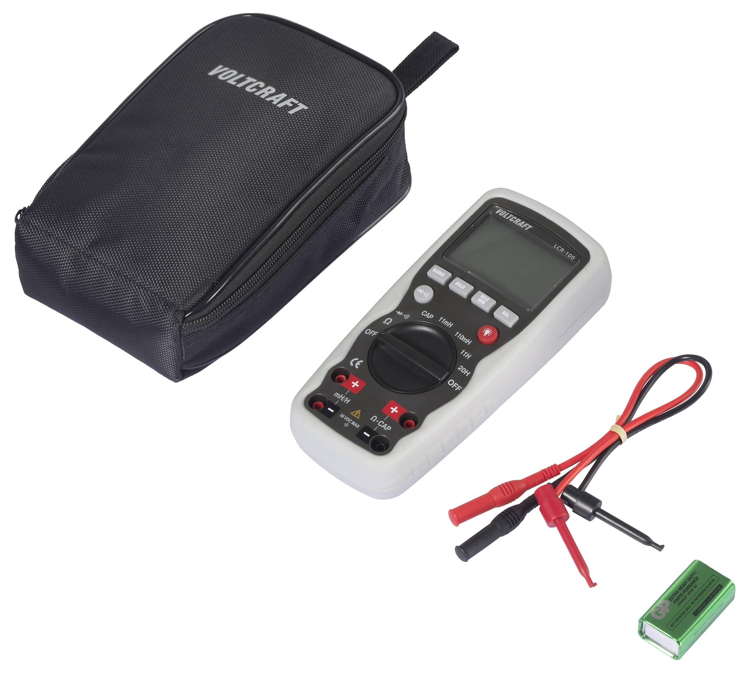 Multimetermätare-set med bärväska, mätsladdar och 9V-batteri.