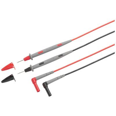 Två mätledningar med röda och svarta kablar och kontakter, lämpliga för anslutning till ett multimeter.