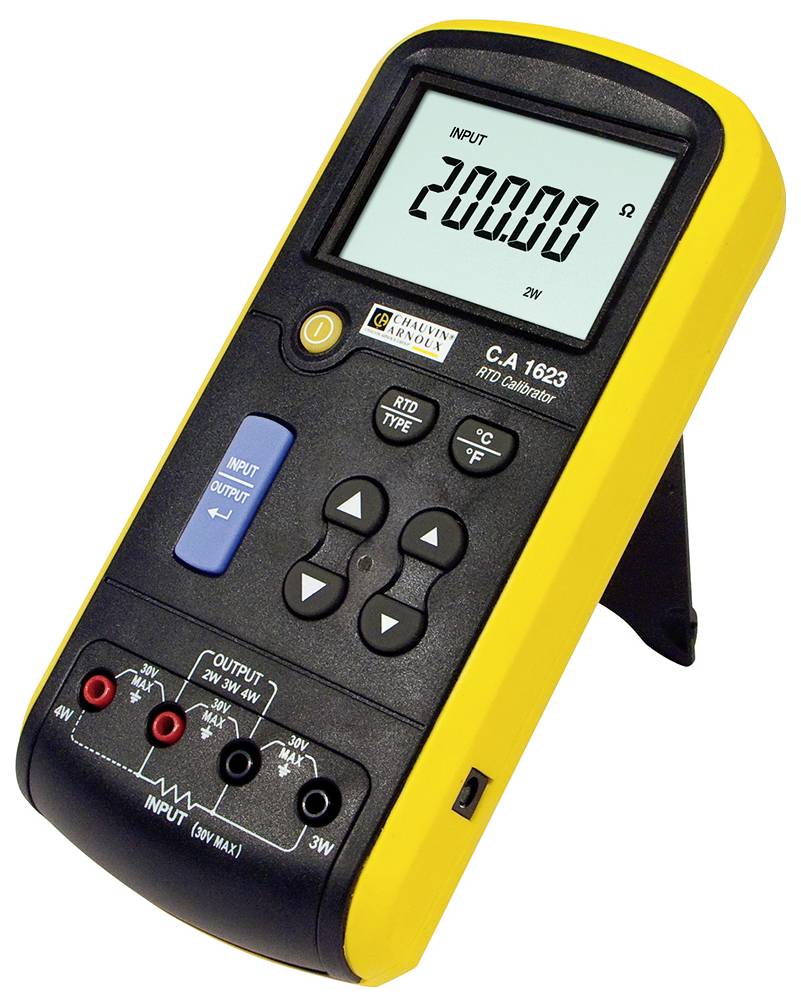 En gul mätare med display visar '200,00 Ω'. Den har knappar för styrning och anslutningar för ingångs- och utgångsförbindelser.