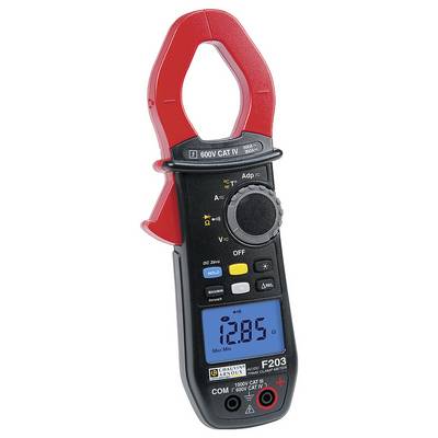 Digitalt tångamperemeter med röd tång, visar 12,85 på blå display. Enhet lämplig för mätningar upp till 600V CAT IV.