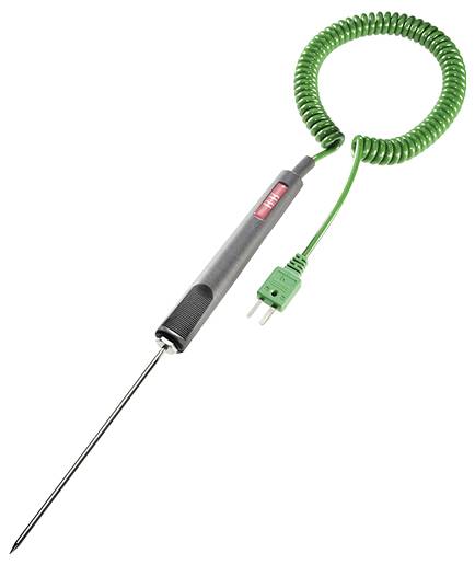 En temperatursensor med lång metallspets, svart handtag och grönt spiralkabel med kontakt, avsedd för temperaturmätning.