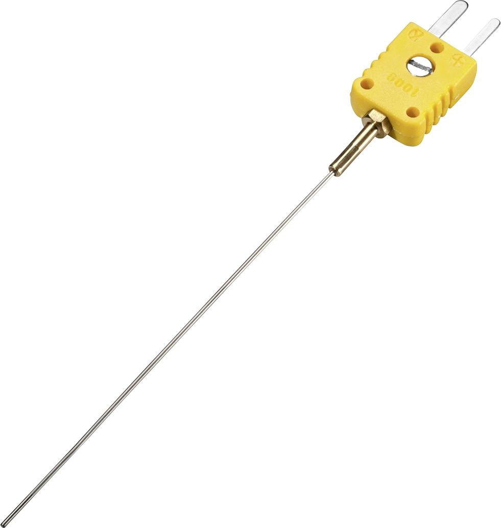 Ett gult termoelement med två metallstift och en lång mätsond, använt för temperaturmätning.