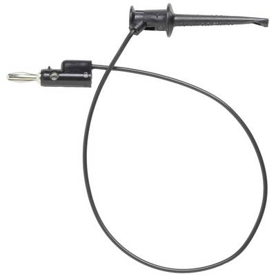 Svart testklämma med kabel, lämplig för elektroniska tester, för fastsättning på trådar eller elektriska komponenter.